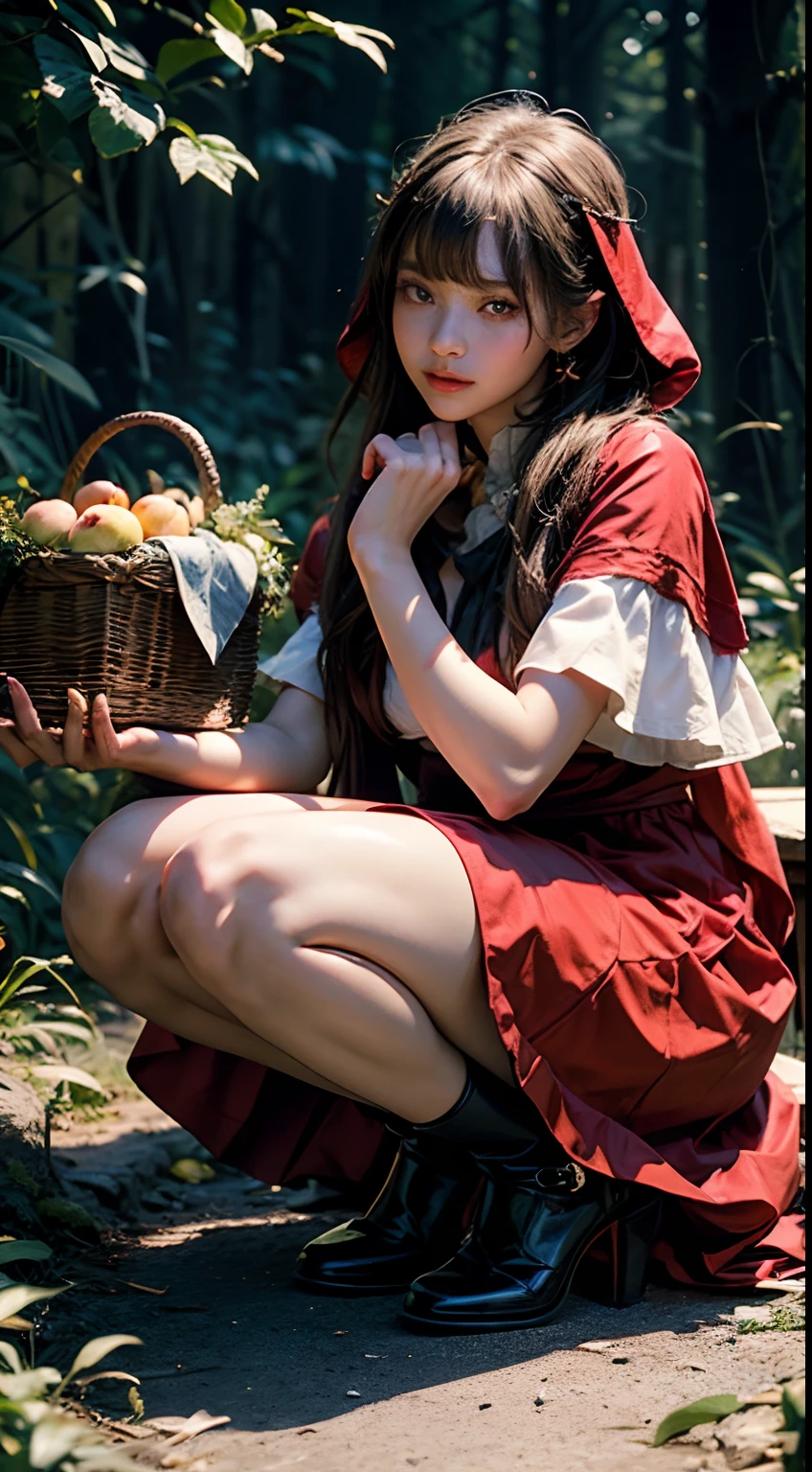 Erotic Little Red Riding Hood outfit ,(8K, RAW-Fotografie, Top quality, Meisterwerk:1.2),  Eine Frau、Japan im Alter von 18 Jahren,fullllbody.She carries a basket of apples,Kuchen und Wein{Filmischer Winkel、Weitwinkel、Teilen Sie den Bildschirm nicht、}（Realistische Skins 1.4）、（Little Red Riding Hood、Tragen Sie eine karmesinrote Kapuze）、（（（Rote Kapuzen、rotes Kleid、black legwear、High-Heels）））、（（（Im dunklen Wald、In einem tiefen, unheimlichen Wald　、Pechschwarze Nacht、Tiefer Nebel）））（（Spuren von Blutwischen aus dem Mund,,,,,,,,,,,,,,,,,,,,,、Rote Augen、Black and long nails））、50-mm-Objektiv、30mm Film、Weitwinkel、（lang、glatt behaart、）、（Ein dunkelhaariger、Die Stirn wird von einem Pony verdeckt、）、Schwarze Augen、shinny skin、nice delicate face、beautiful delicate eyes、｛winzige Brust、kleine Titten、muscular body、｝、sehr erotisch, upskirt scene