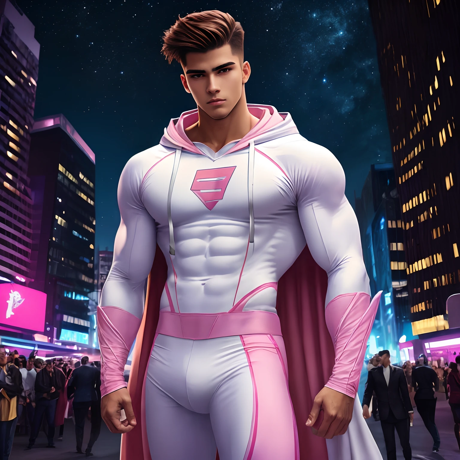 ((Extremely realistic shadows, Masterpiece, extremely detailed, photorealistic)) A teenager at  (Mexican ethnicity), teenager, handsome, young boy, tanned skin, Red hair, Military haircut, very tight clothing, Aesthetic body ; Ripped ABS, athletic, good anatomy, long legs, strong arms. City background, Skyscraper, futuristic city, Night, Stars, Night lights, Super hero, hero, Bodysuit, covered abs, covered pecs, Nothing, hood, hood on. (((HOOD ON))) Cape, A young hero whose presence inspires trust and respect. (((His hero suit is white and pink.))