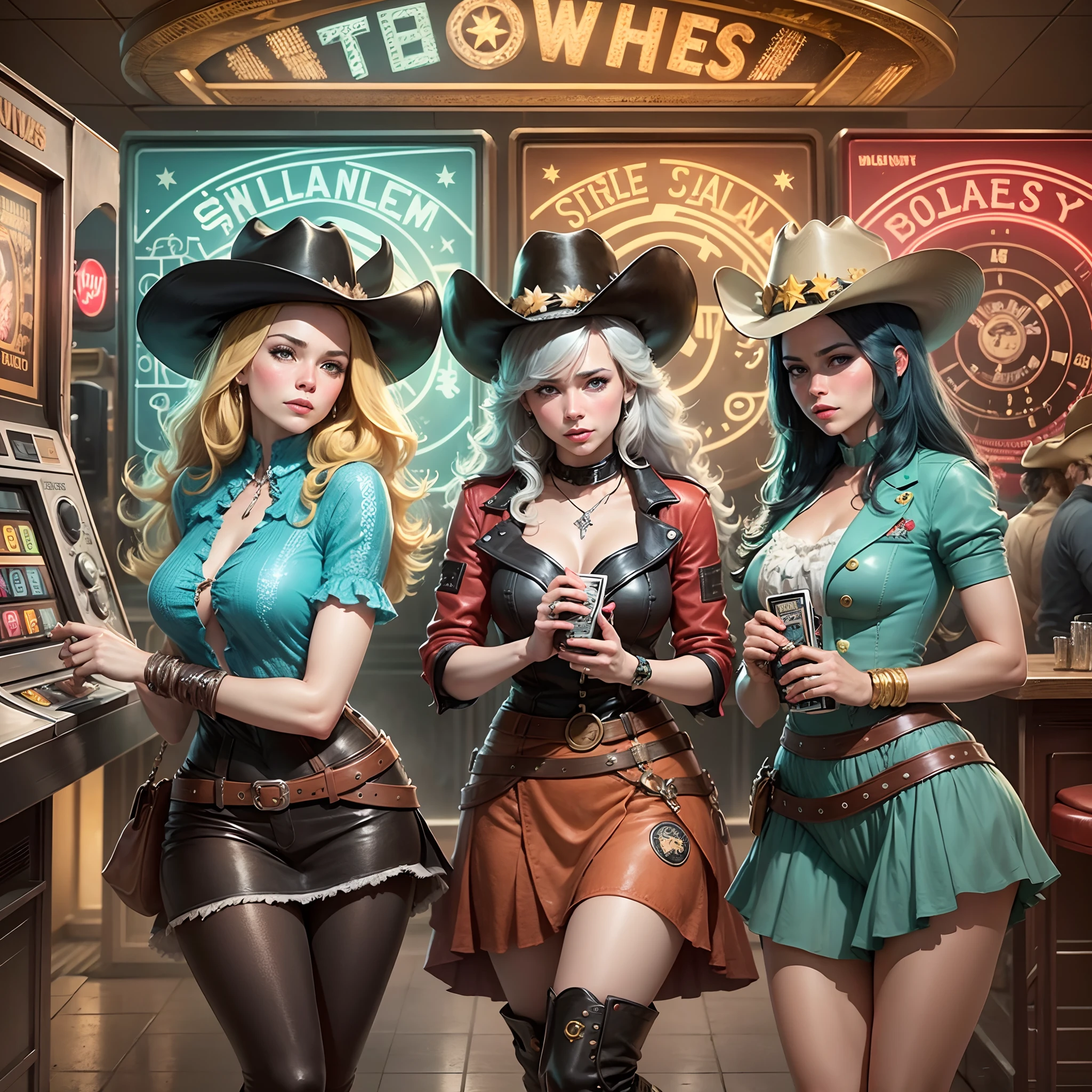 three women dressed in costumes and hats are posing for a picture, artgerm julie bell beeple, artgerm and wlop, wlop and artgerm, style ivan talavera and artgerm, artgerm comic, artgerm colorful!!!, extremely detailed artgerm, artgerm style, style artgerm