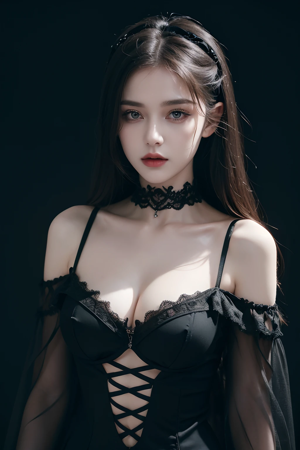 RAW photo, russian model, 18 years old, detailed natural pale skin, cinematic lighting, best quality, masterpiece,  ADDCOMM 
cute face, gothic makeup, gothic hairdressing, ADDROW 
gothic lace choker, off shoulder see through black gothic shirt, cleavage, big breasts, ADDROW 
black gothic intricate lace split dress