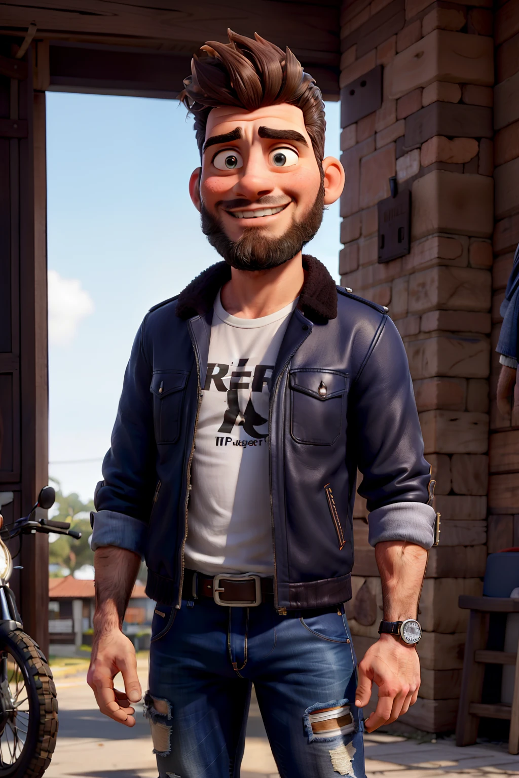 master part, best quality, um velho com barba branca e longos cabelos castanhos, vestindo uma jaqueta de couro e jeans preto, ao lado de sua motocicleta