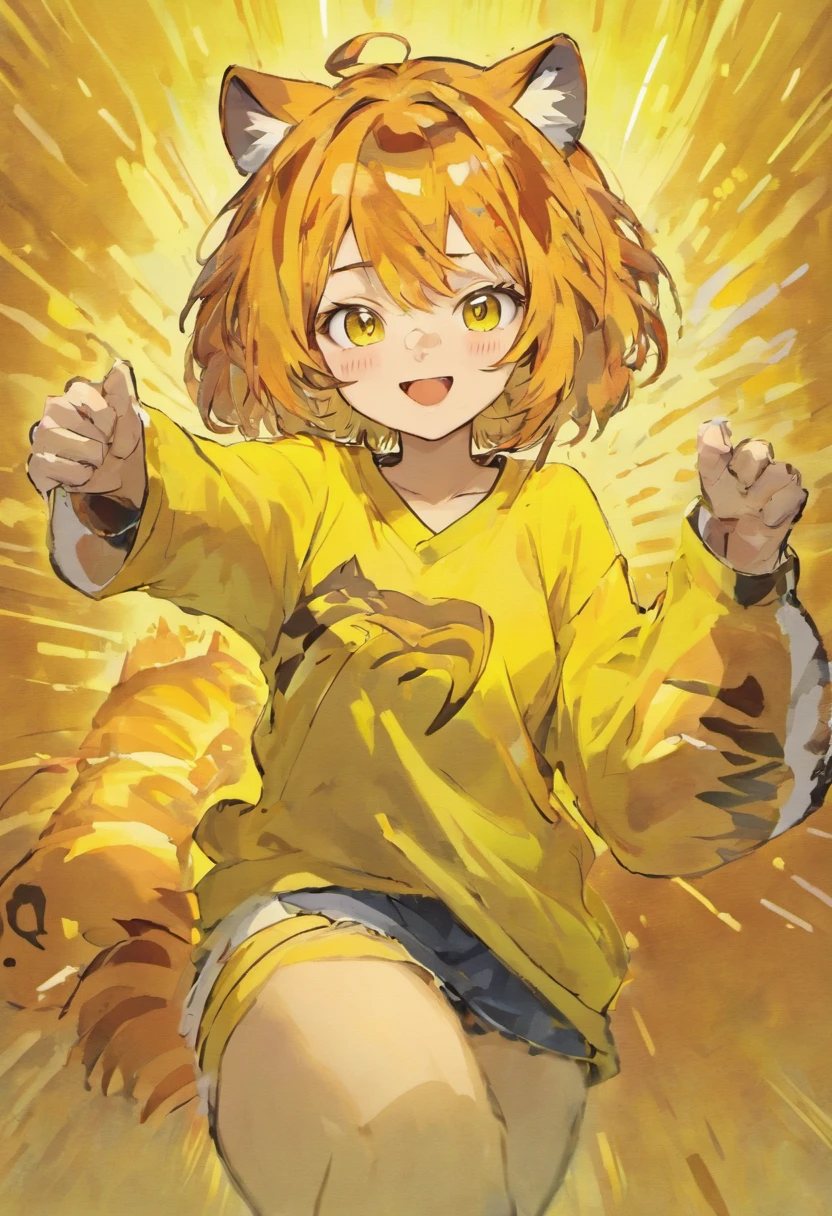 The characters for drawing are ((a tiger)) , Using the ((Yellow shirt)), Smile and open your arms, For Cartoons