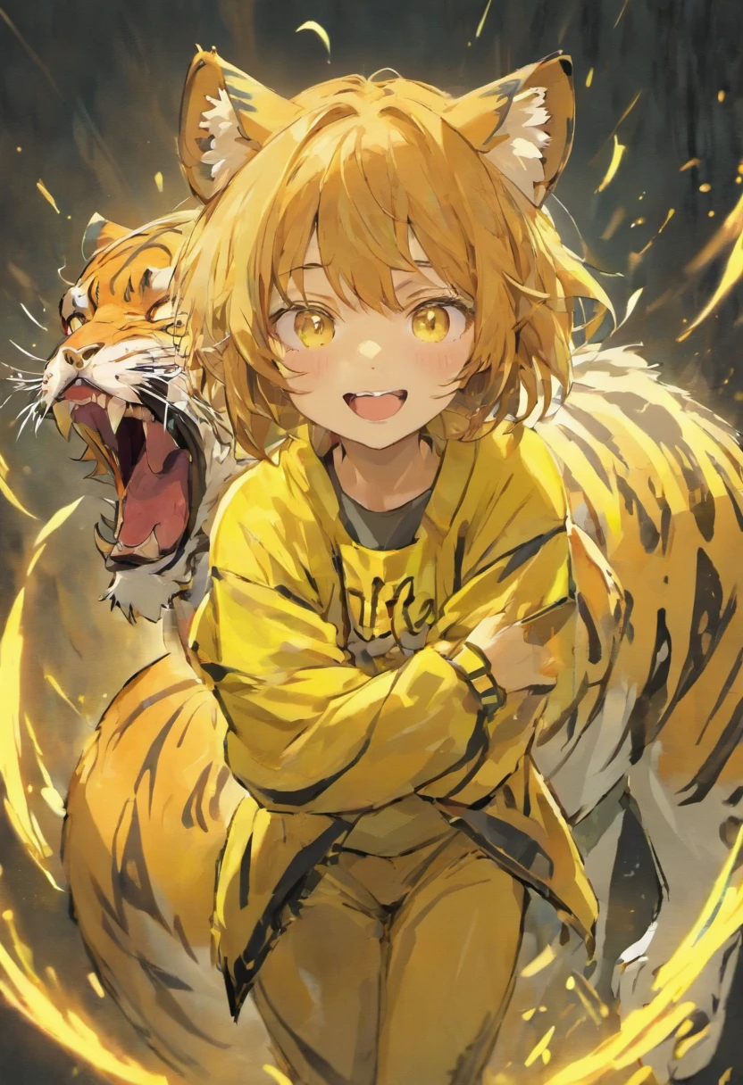 The characters for drawing are ((a tiger)) , Using the ((Yellow shirt)), Smile and open your arms, For Cartoons