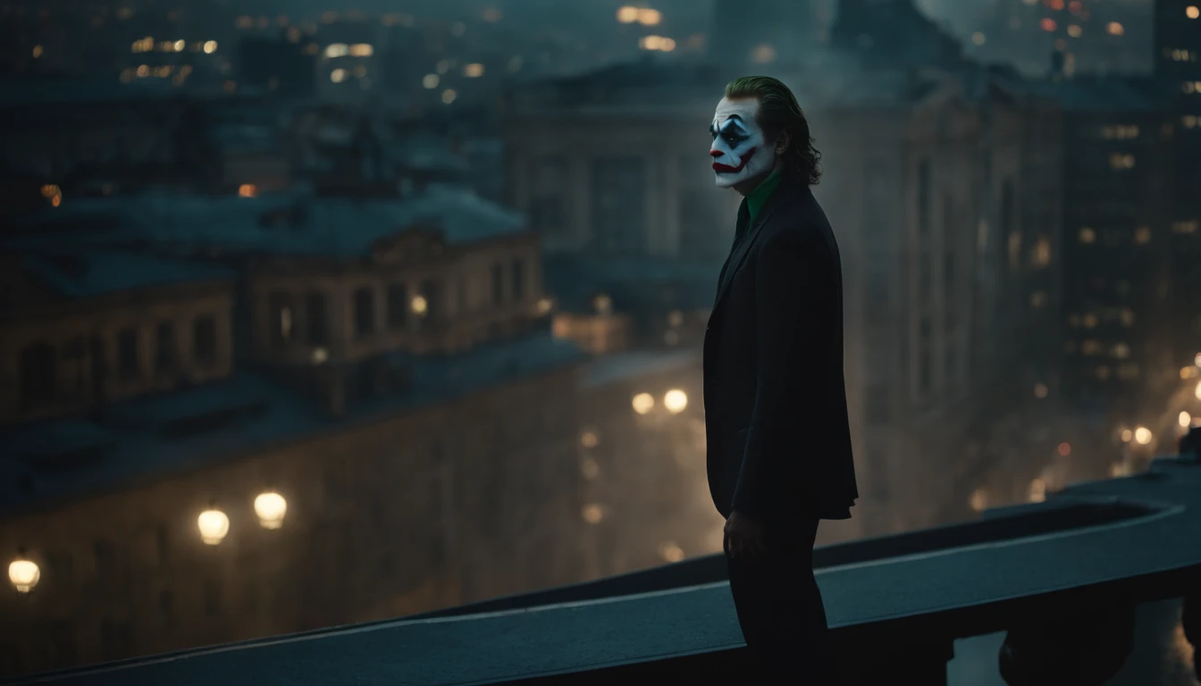 《dolman》Joker ,Wearing a rock suit ,rainy evening,Stand on a city tall building ,Bird's-eye view of the city ,tmasterpiece, extremely detaile, best qualityer,(8k, RAW photos, best qualtiy, tmasterpiece:1.2)