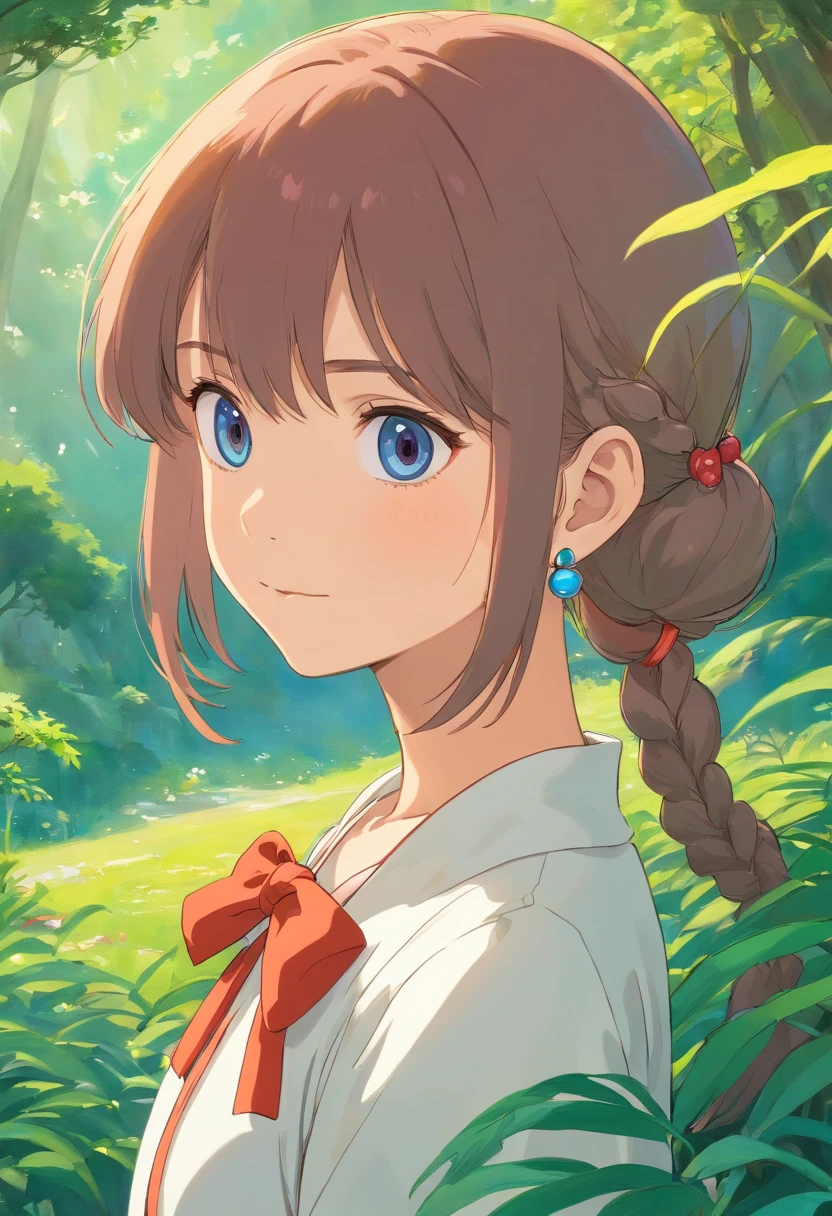 Une fille portant un collier d’anime, un long collier et des boucles d’oreilles, dans le style des paysages de jardin tranquilles, Photos d’animation colorées, Masami Teraoka, aigue-marine, Paul Gauguin, Style Embry, Représentation honnête