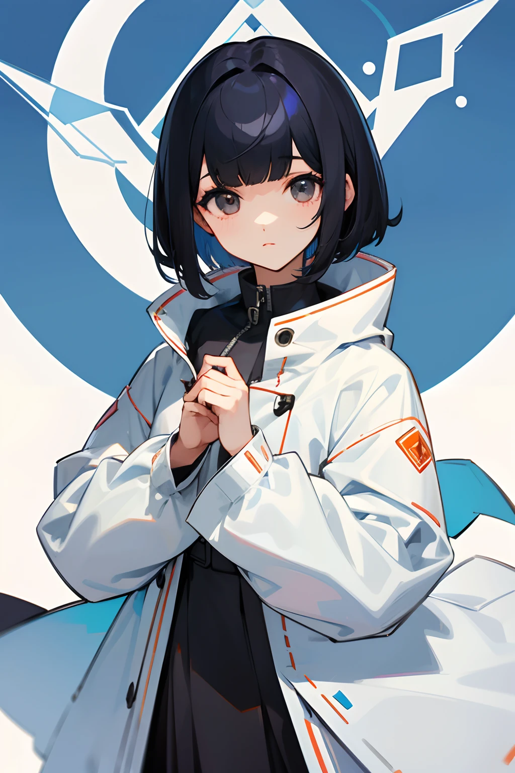 femele、Bangs parted in the middle、Center-parted hairstyle、short-haired、Very short、A dark-haired、a cool、parka