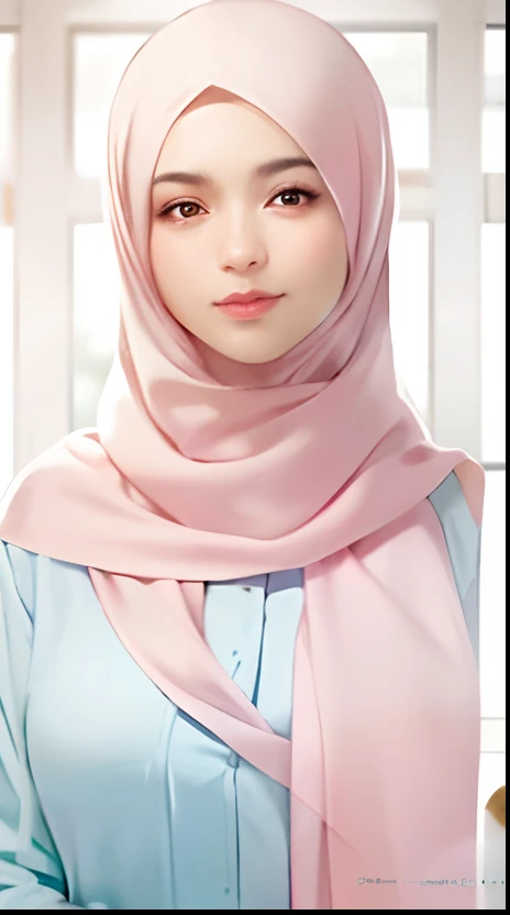 a close up of a woman wearing a pink scarf and a white shirt, hijab, white hijab, pastel pink skin tone, pastel pink, pink pastel, shawl, light pink, light blush, faded pink, smooth pink skin, with lovely look, light pink mist, light pink tonalities, with accurate face, head scarf, with soft pink colors, lovely delicate face