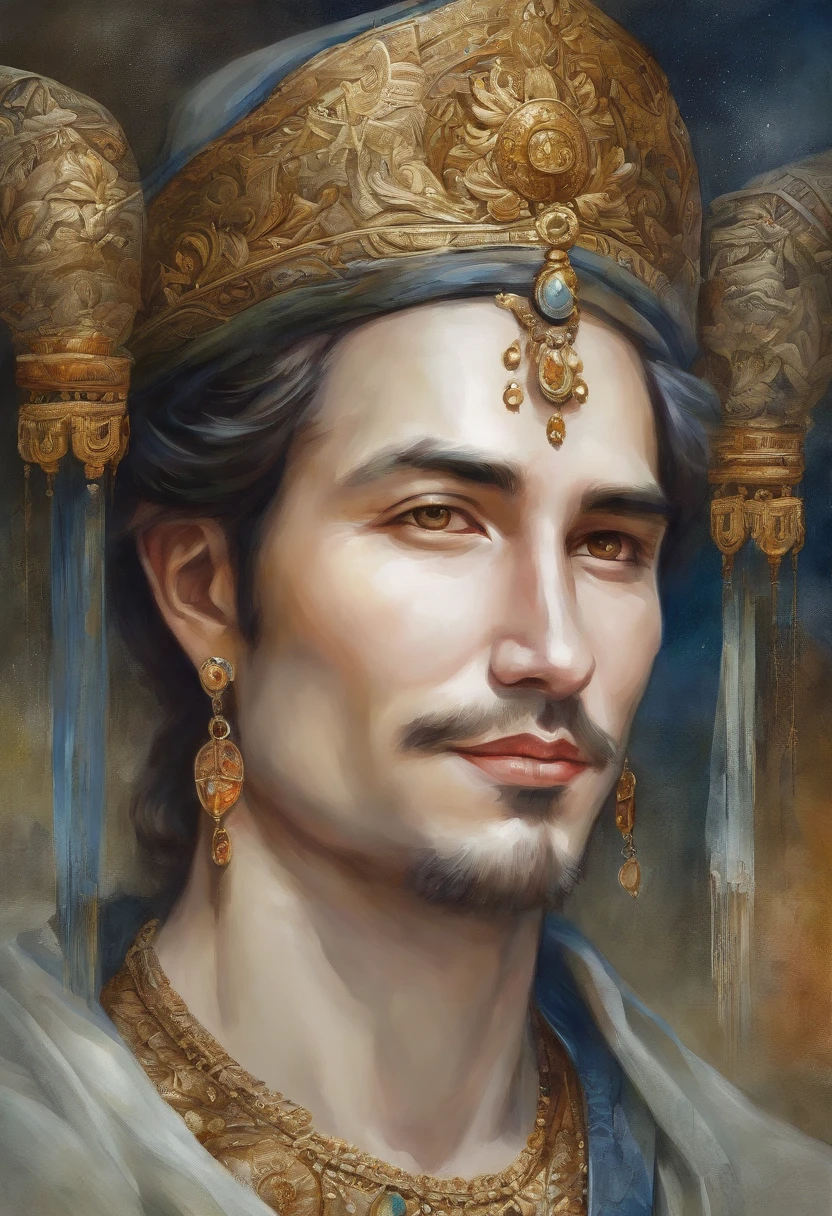 (absurderes, hight resolution, ultra-detailliert), 1 male, Adult, Handsome, finely detailed  eyes and detailed face, Emperor,, Ring on background, visualart, occult, Universal, Vision casting, Philosophical, Iconography, Numerology, Popularity, artistic, Short hair, Smile, Calm expression, Half shot、Japanese anime