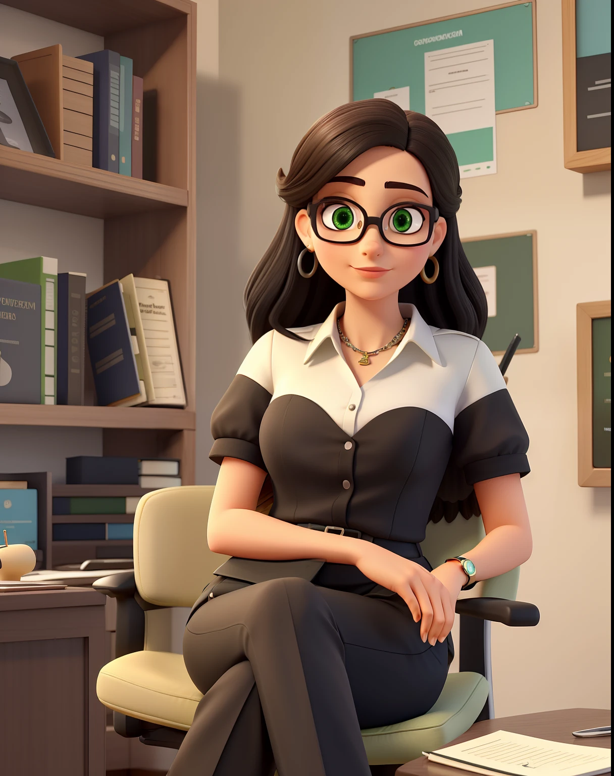 Uma mulher advogada, jovem, Serious, Chic and wise, com cabelo longo e liso escuro, olhos na cor preta, olhos esbugalhados e boca grande, with black dress pants, blusa preta e brazer verde bandeira, of prescription glasses with brown frame with ounce, salto alto preto, In a fancy law firm.