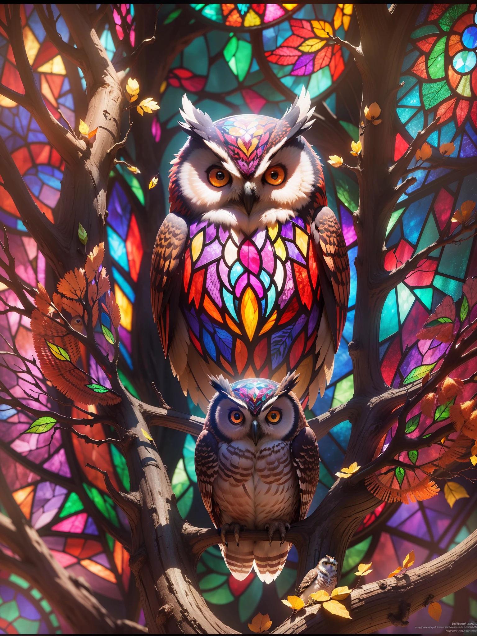 (Energetic owls land in trees:1.2, Complex stained glass design:1.2, Mesmerizing artistry:1.1),full bodyesbian,Faraway view,high saturated,vibrant with colors,8K,Global illumination