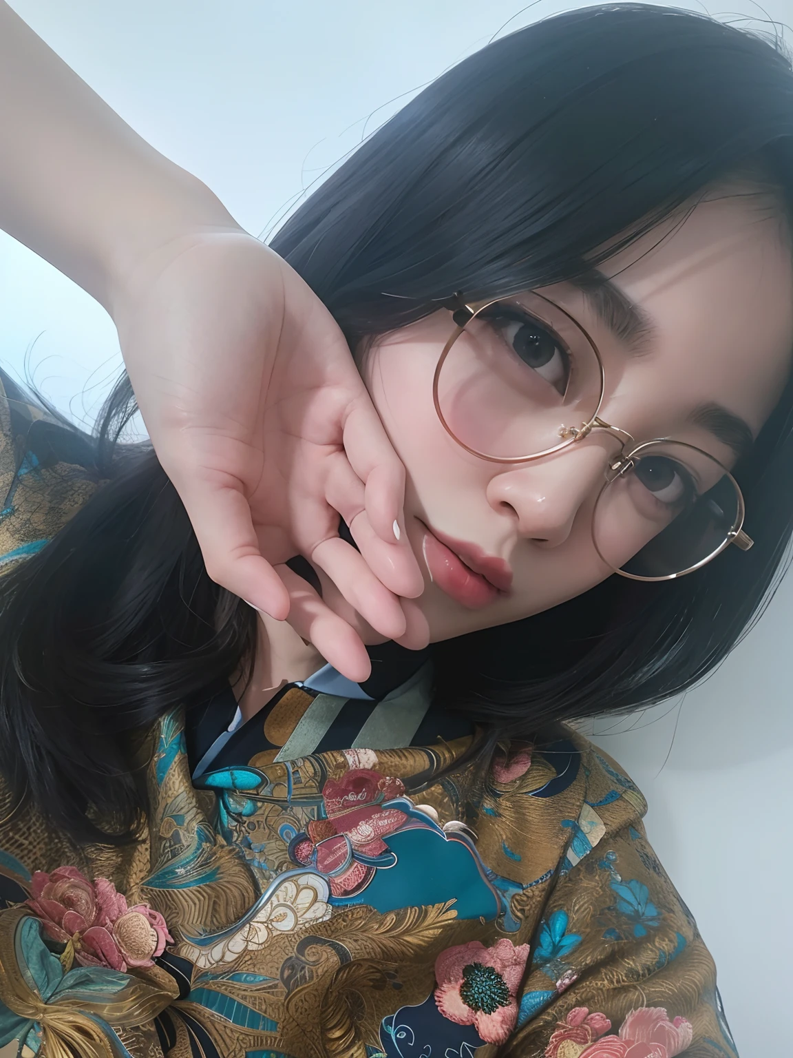 there is a woman with glasses posing for a picture, with glasses, xintong chen, wenfei ye, 8k selfie photograph, wearing small round glasses, wearing thin large round glasses, 2 8 years old, spectacled, very very low quality picture, li zixin, qifeng lin, louise zhang, 2 7 years old, selfie of a young woman