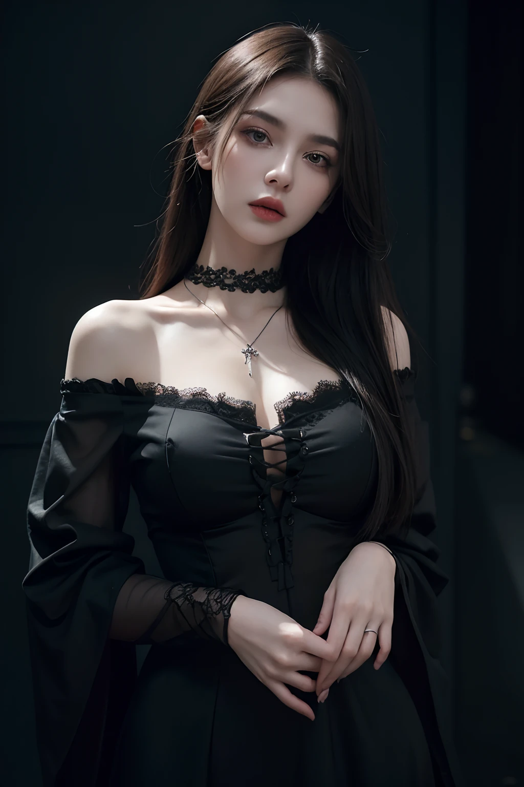 RAW photo, Russian model, 18 years old, Delicate, naturally pale skin, Cinematic lighting, Best quality, Masterpiece, Address correspondence
Lovely face, Gothic makeup, Gothic hairdressing, Adero
Gothic lace necklace, Off-the-shoulder sheer black gothic shirt, cleavage, Big breasts, Adero
Black gothic intricate lace slit dress