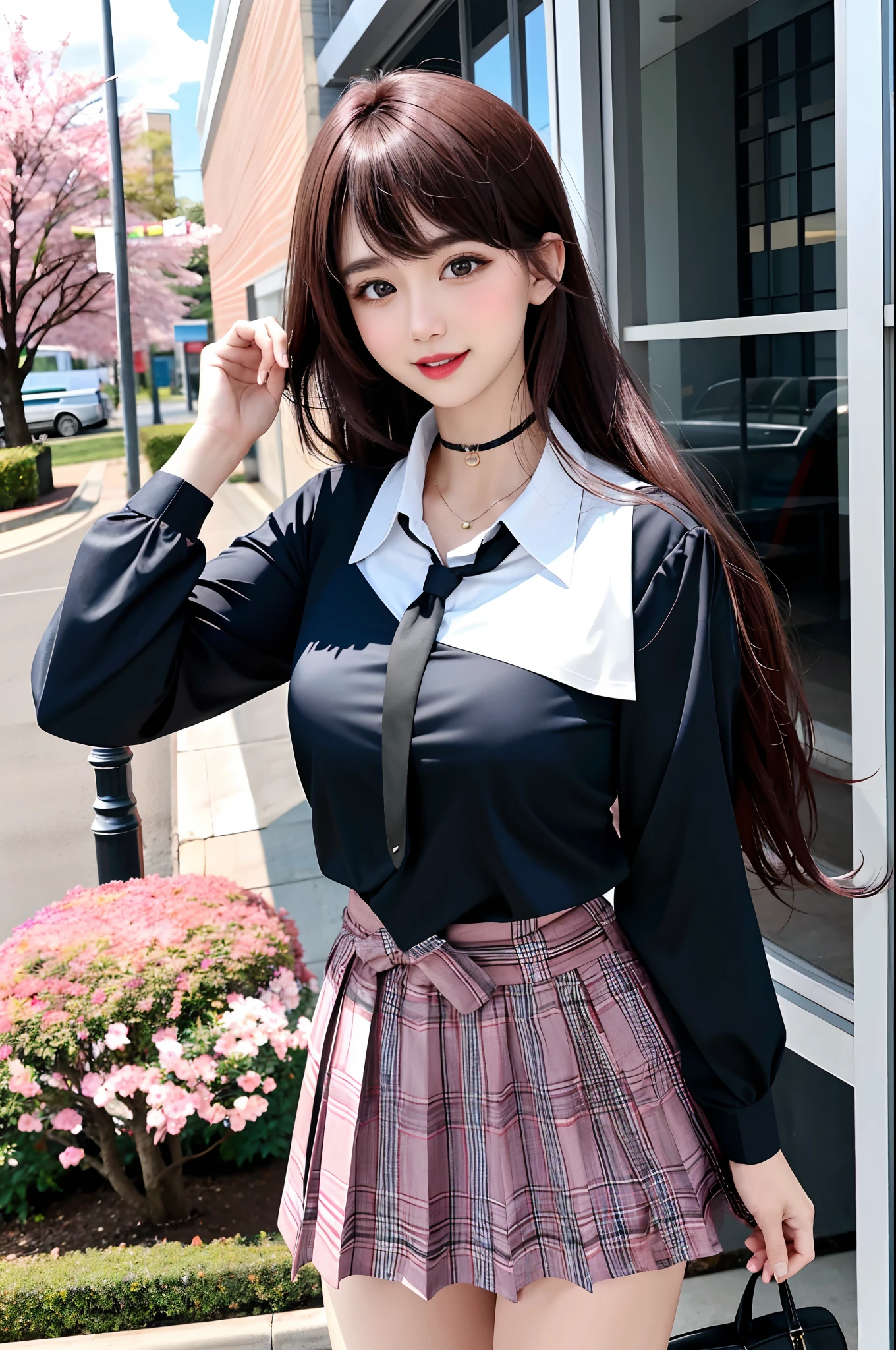 Masterpiece, beautiful girl smiling holding flowers, medium breasts, wearing school clothes