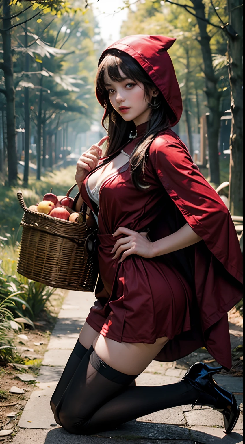 Erotic Little Red Riding Hood outfit ,in a fantasy wood,mystique, red cape(8K, RAW-Fotografie, Top quality, Meisterwerk:1.2), Eine Frau、Japan im Alter von 18 Jahren,fullllbody.She carries a basket of apples,Kuchen und Wein{Filmischer Winkel、Weitwinkel、Teilen Sie den Bildschirm nicht、}(Realistische Skins 1.4)、(Little Red Riding Hood、Tragen Sie eine karmesinrote Kapuze)、(((Rote Kapuzen、rotes Kleid、black legwear、High-Heels)))、(((Im dunklen Wald、In einem tiefen, unheimlichen Wald 、Pechschwarze Nacht、Tiefer Nebel)))((Spuren von Blutwischen aus dem Mund,,,,,,,,,,,,,,,,,,,,,、Rote Augen、Black and long nails))、50-mm-Objektiv、30mm Film、Weitwinkel、(lang、glatt behaart、)、(Ein dunkelhaariger、Die Stirn wird von einem Pony verdeckt、)、Schwarze Augen、shinny skin、nice delicate face、beautiful delicate eyes、{winzige Brust、kleine Titten、muscular body、}、sehr erotisch, upskirt scene