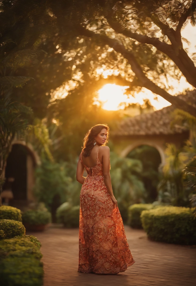 uma garota, sozinha, jardim, final de tarde, golden hour, ruiva, vestido florido, sandals, linda, oil painting style.