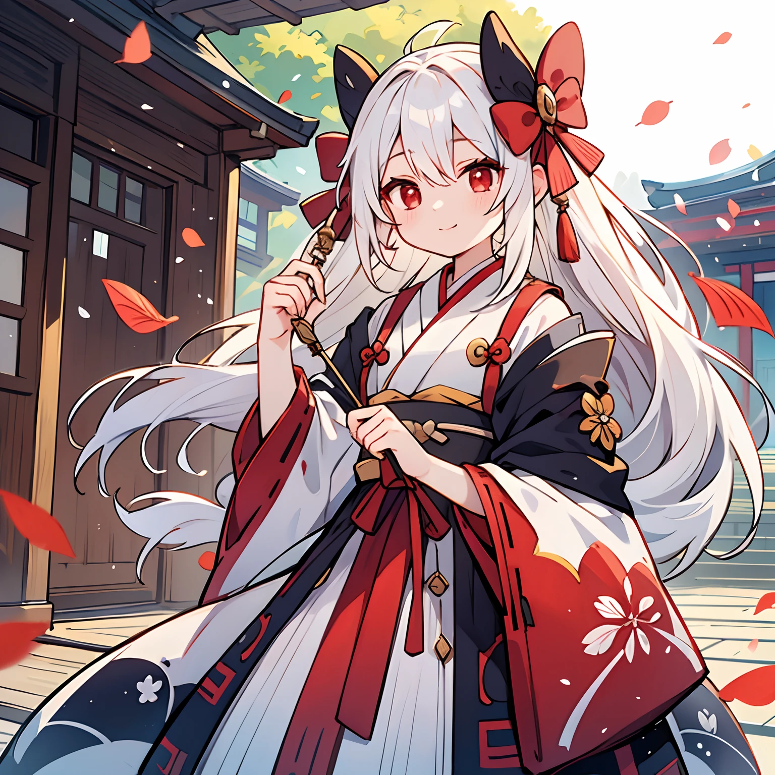 Male teenager、white hair、It is tied close to the ends of the hair.、Red eyes、White Onmyoji Costume、Hold the bow、Kyoto、Colored leaves、cheerful look