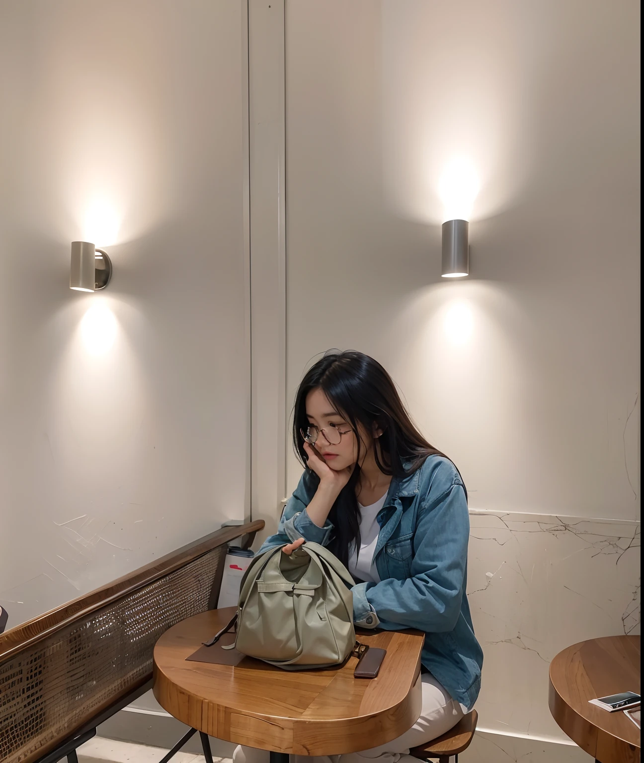 there is a woman sitting at a table with a bag on it, sitting in a cafe alone, sitting alone in a cafe, sitting in a cafe, in a coffee shop, studying in a brightly lit room, good lighting, pleasant lighting, hard lighting!, captured on canon eos r 6, taken with sony alpha 9, taken with canon 8 0 d