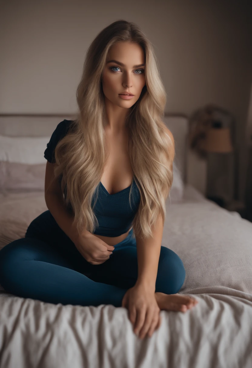 Arafed woman in full , Sexy girl with blue eyes, ultra realistis, Meticulous detail, portrait sophie mudd, blonde hair and large eyes, selfie of a young woman, bedroom eyes, violet myers, no makeup, natural makeup, looking straight at camera, face with artgram, fine makeup, Stunning full-length shot, kneeling on the bed, in bedroom, Medium to large size bust