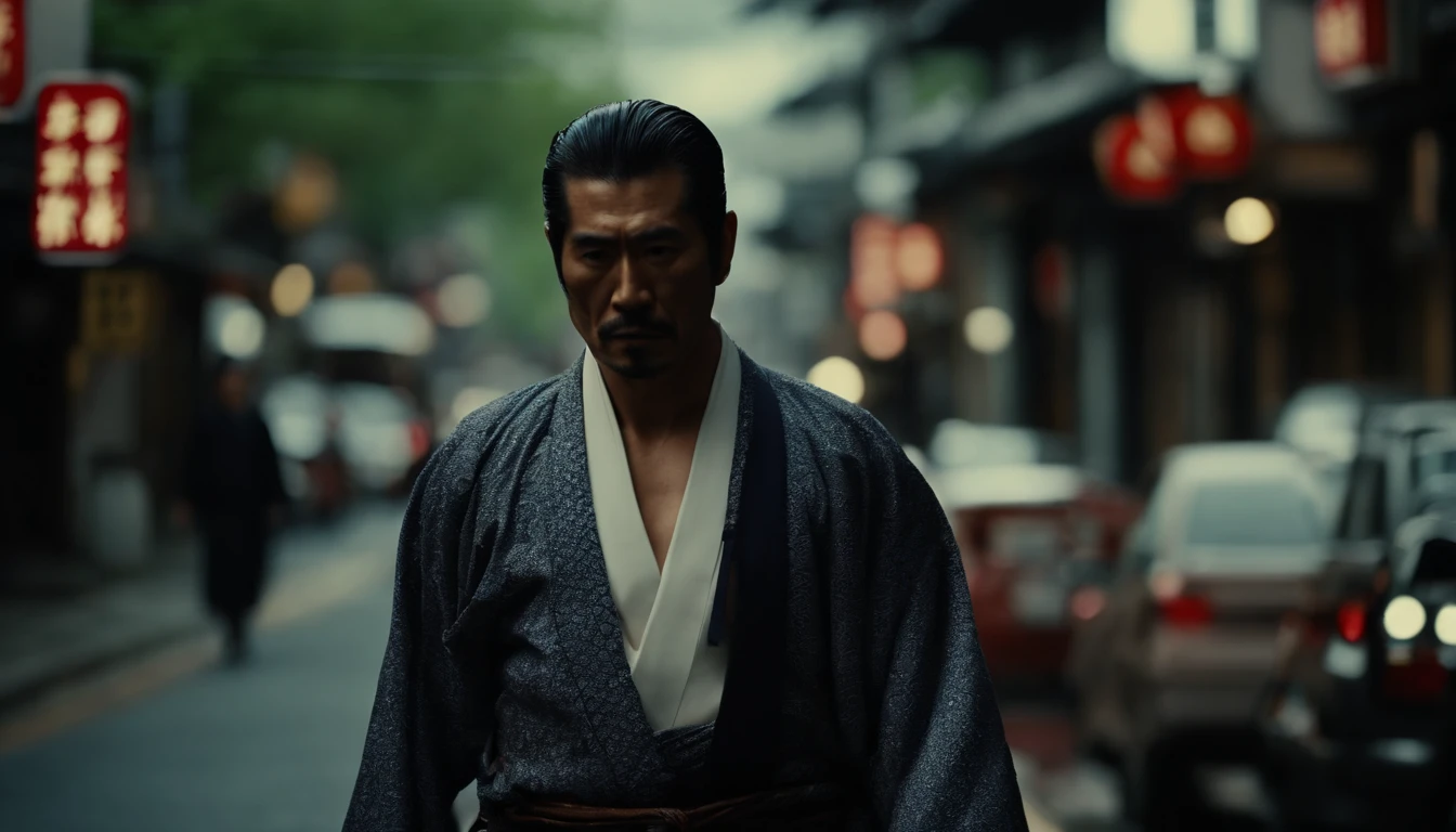a yakuza boss character walking in the streets on japan,kimono,musculature
