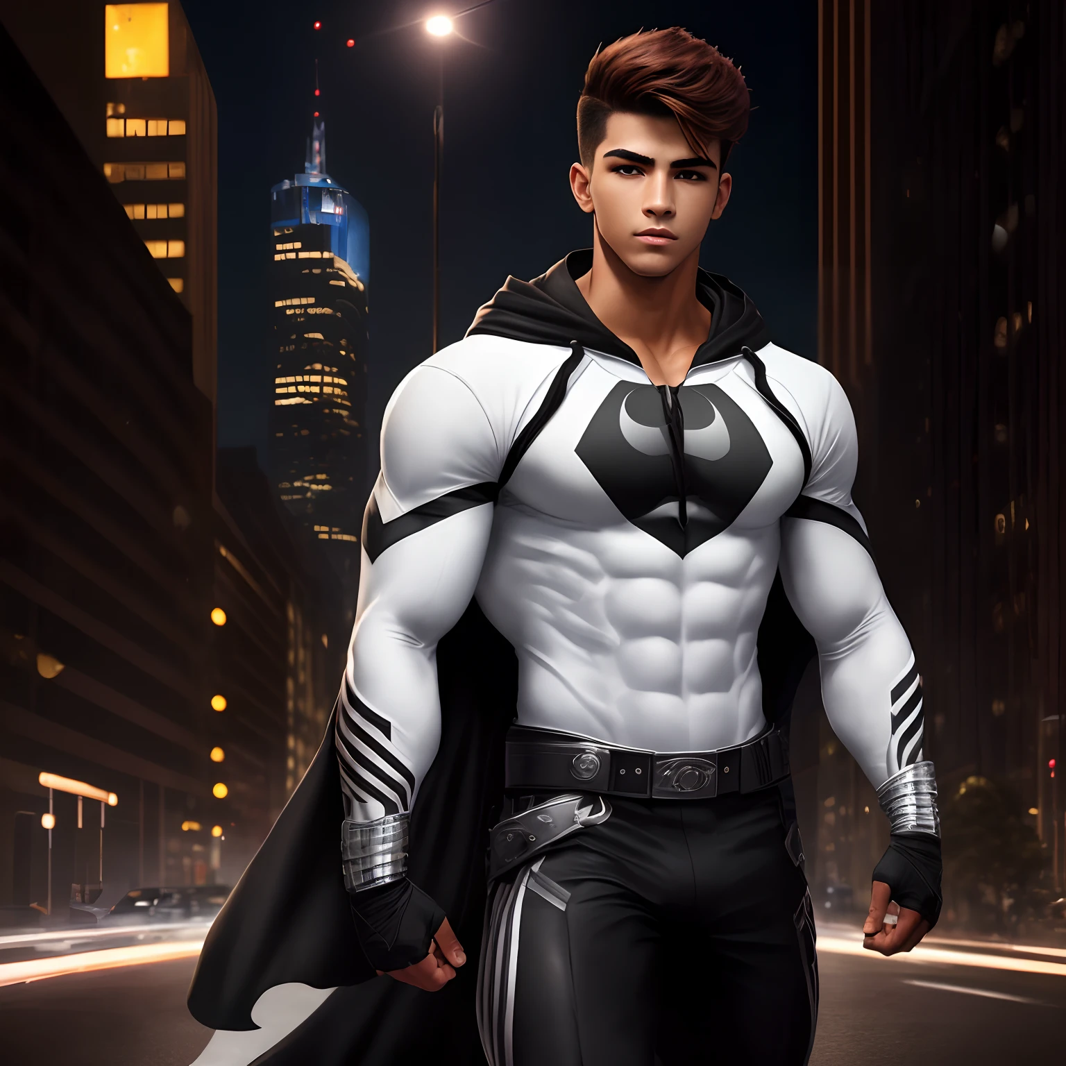 ((Extremely realistic shadows, Masterpiece, extremely detailed, photorealistic)) A teenager at 15 years old (Mexican ethnicity), teenager, handsome, young boy, tanned skin, Red hair, Military haircut, very tight clothing, Aesthetic body ; Ripped ABS, athletic, good anatomy, long legs, strong arms. City background, Skyscraper, futuristic city, Night, Stars, Night lights, Super hero, hero, Bodysuit, covered abs, covered pecs, Nothing, hood, hood on. (((HOOD ON))) Cape, A young hero whose presence inspires trust and respect. (((His hero suit is white and black.))