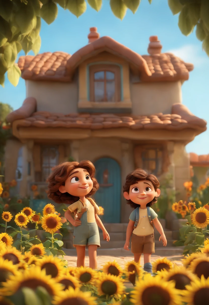 Create a Disney PIXAR-style 3D poster. ((centro da imagem, Triplets)), ((3 children)) ((1 menino no meio e 2 meninas ao lado, They're hugging each other, O menino tem pele castanha e cabelos castanhos escuros e olhos castanhos escuros, 1 menina tem pele clara, olhos e cabelos escuros e cacheados, e a outra menina tem pele morena, olhos escuros e cabelos escuros e lisos)) ((tudo isso no estilo Disney PIXAR 3D, In the background, A house of sunflowers, Gloria Studio, The garden is full of nature 3D render RTX clay material, estilo de design cartunesco, POP Mart, soft lighting, linhas suaves, Spring tilt, Detailed illustrations of PIXAR 3D, Detalhes hiper-realistas, cor quente no estilo Disney PIXAR 3D))