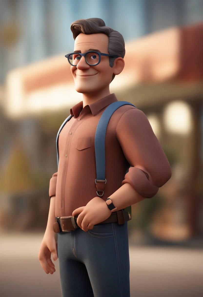 Cartoon character of a man wearing black glasses and a blue shirt, um personagem animado, Caractere estilizado, animation style rendering, 3D estilizado, Arnold Maya render, 3 d render stylized, toon render keyshot, Personagem 3D, Personagem 3D, 3d rendering stylized, 3 d character render, personagem de desenho animado, Personagem de close up, Pose de personagem, (Estilo Pixar) (master part:1.2) (Bokeh) (best quality) (pele detalhada) (textura detalhada) (8k) (argila) (Cinematic lighting) (foco nítido,Senta e vaza a parte superior do corpo