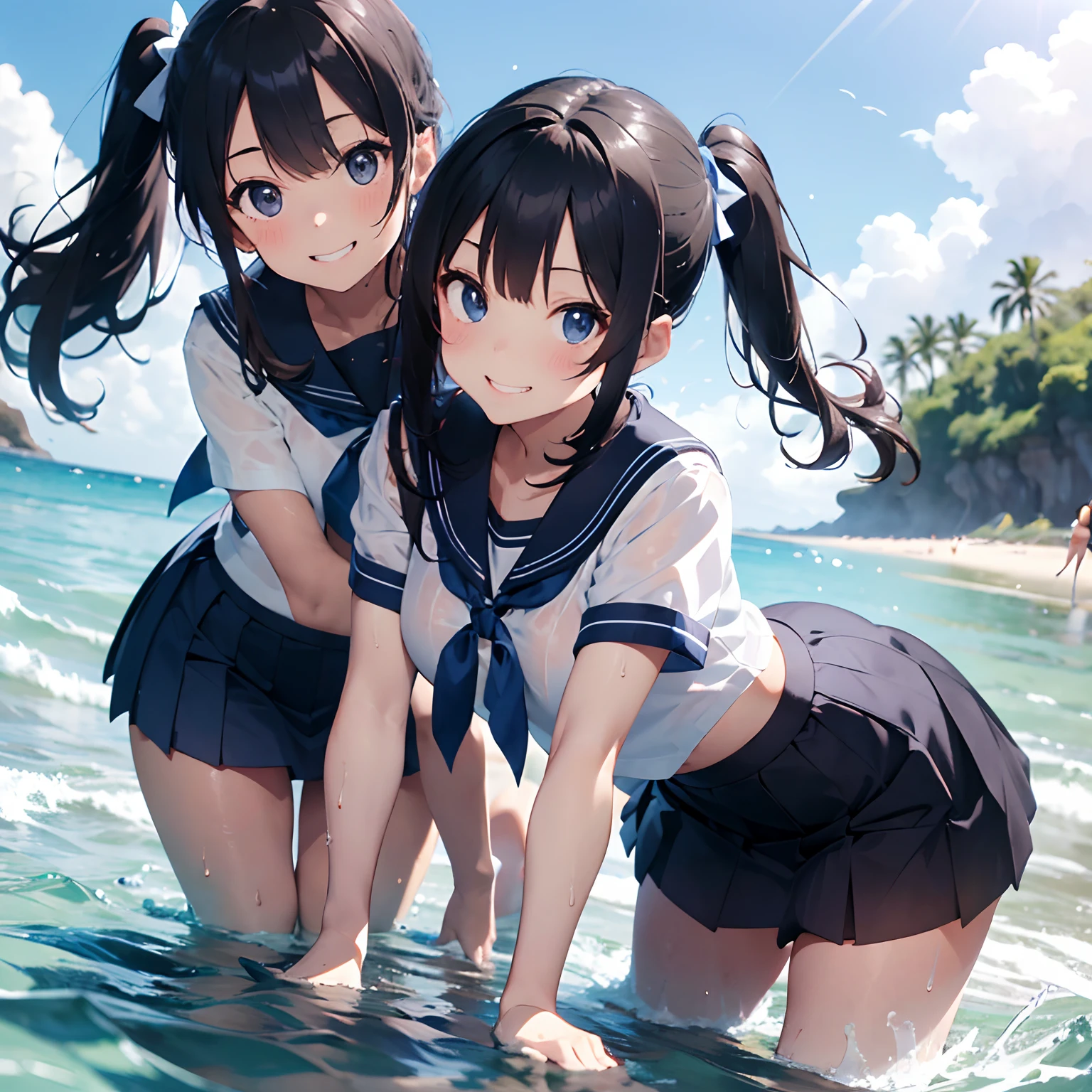 Dark blue pleated skirt,a sailor suit(White summer clothes、Dark blue ribbon、Ultra mini skirt),cute smile face,sodden,hi-school girl,the beach,A dark-haired,Long straight hair,2guys,all-fours,playing in the water,Two people standing side by side in a pose on all fours,