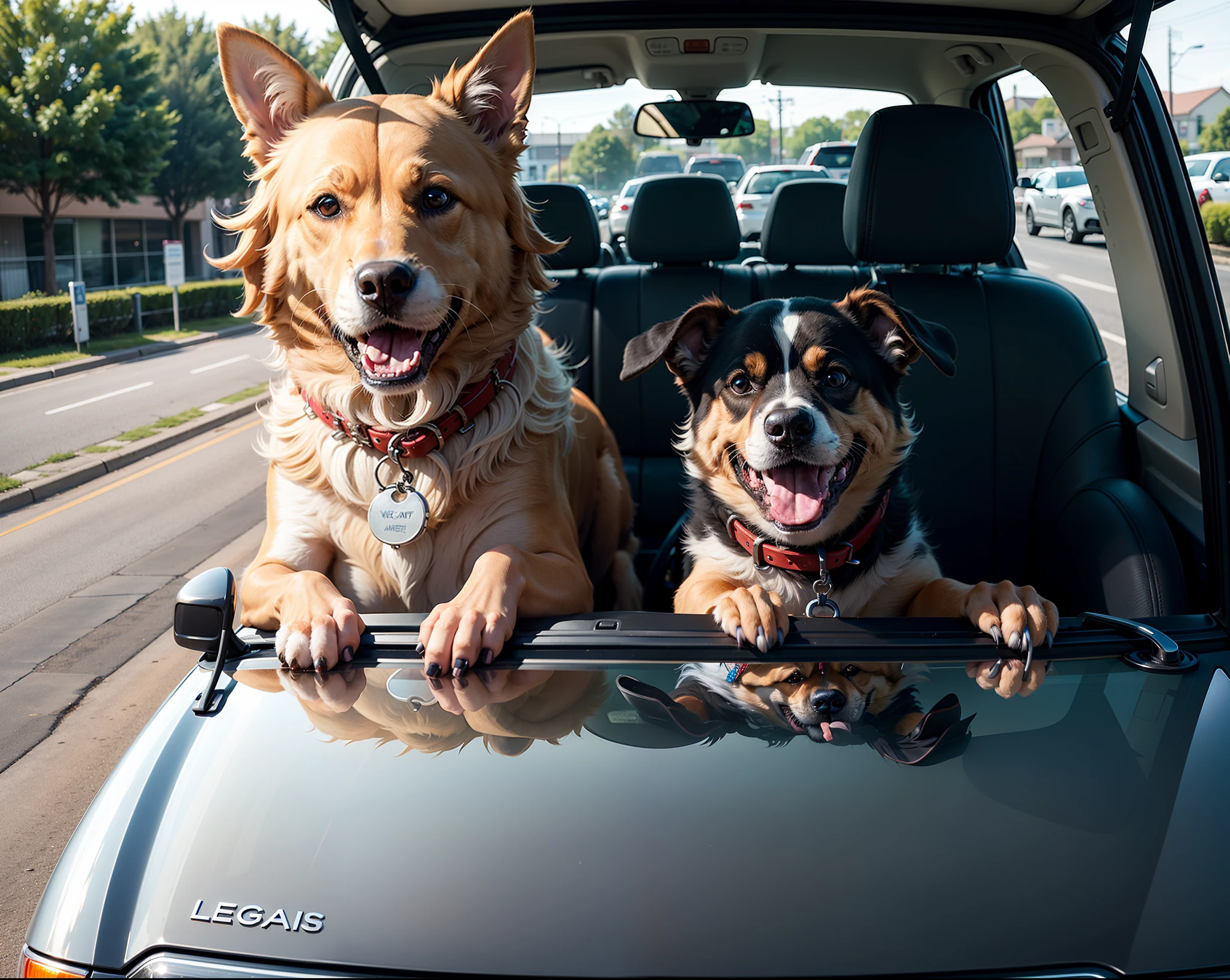 Create image of a vehicle Logan White Uber pet with dog inside waving
