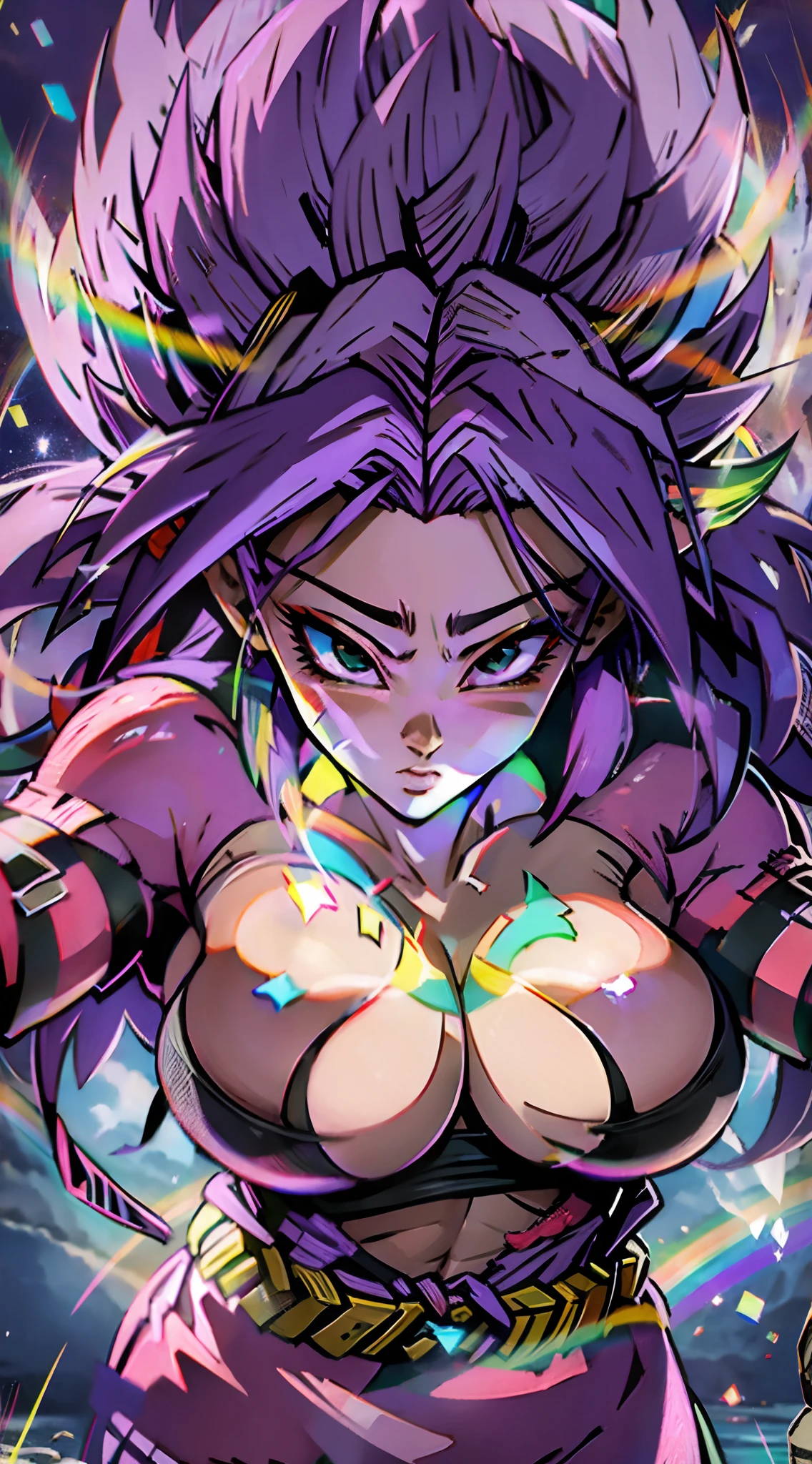 Super Saiyan 4 Female, Purple Fur, Surrounded By Rainbow Aura, Busty