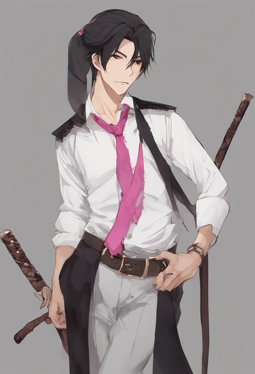 Homem [Long messy black hair with ponytail style] [rosto delicado com olhos vermelhos com grandes olheiras sob os olhos] [Slim body with a little muscle definition with white skin] [Clothing wearing a suit with a long white button-down blouse with a black jumpsuit over the black blouse and black fabric pants with black shoes] [Hunting rifle hanging from the back] [heart-shaped silver necklace on neck] [fundo sombrio com detalhes] [Dark Scene Aesthetics] [Details with a pink rose in the background as if it were a smoke]