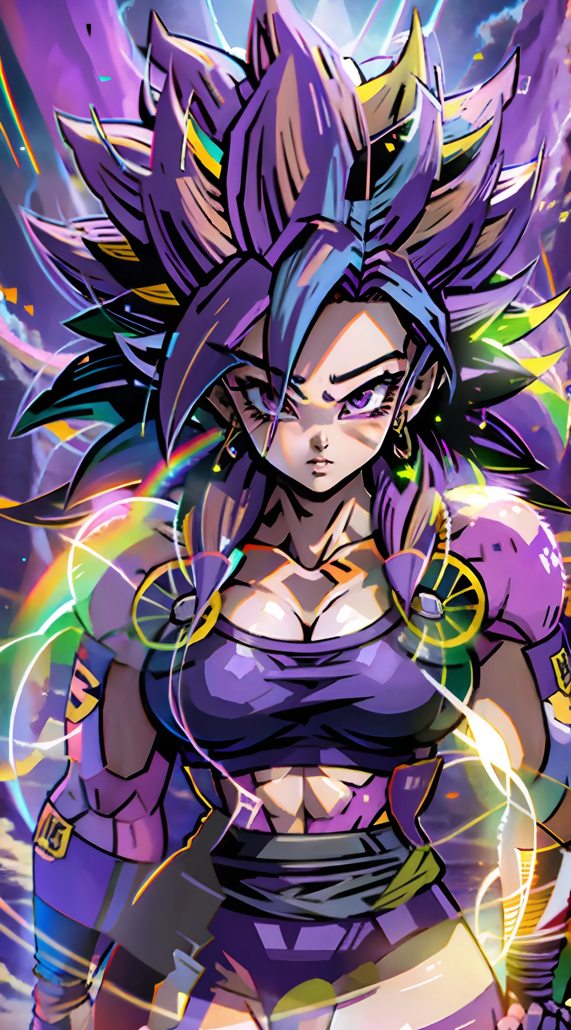 Super Saiyan 4 Female, Purple Fur, Surrounded By Rainbow Aura, Busty