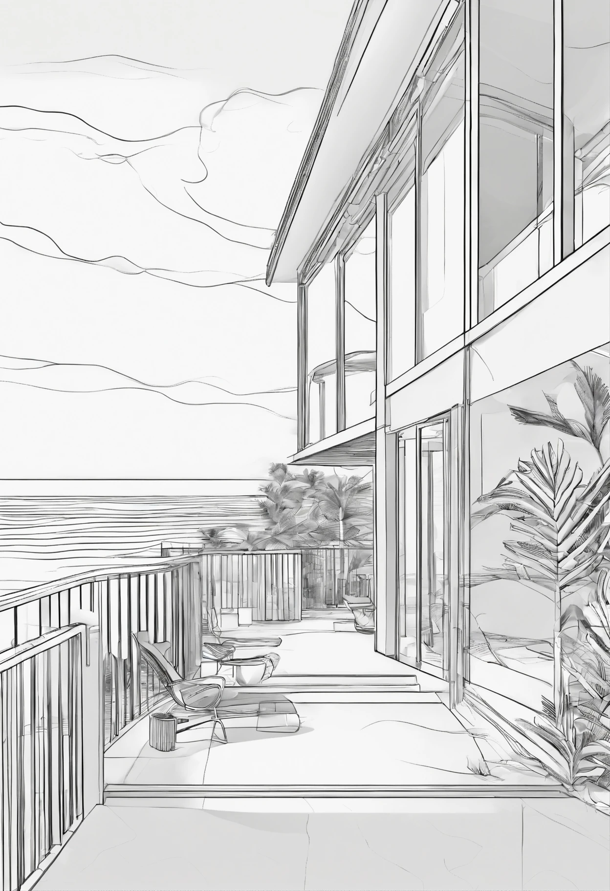beach house, millionaire home, foyer, comfort, beauty, high style, line art, 3d style, high-quality, coloring book, solid lines