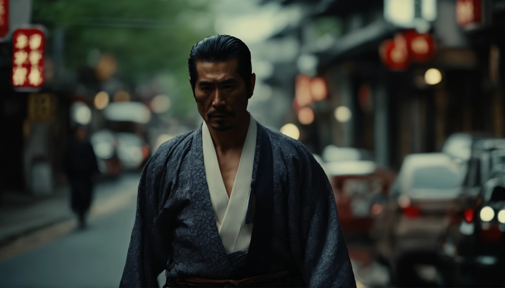 a yakuza boss character walking in the streets on japan,kimono,musculature