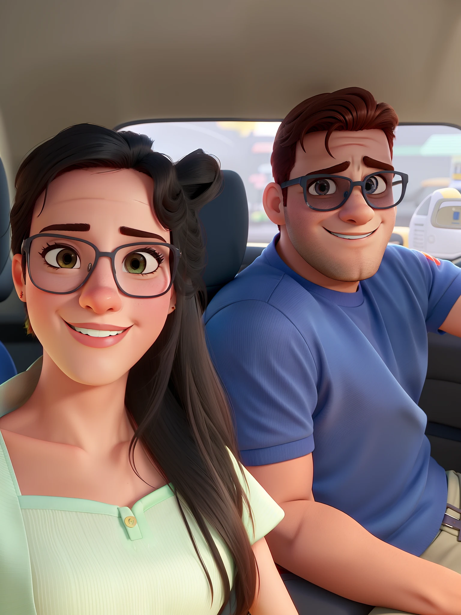 Casal (homem moreno e mulher branca) no estilo Disney Pixar, alta qualidade, melhor qualidade.