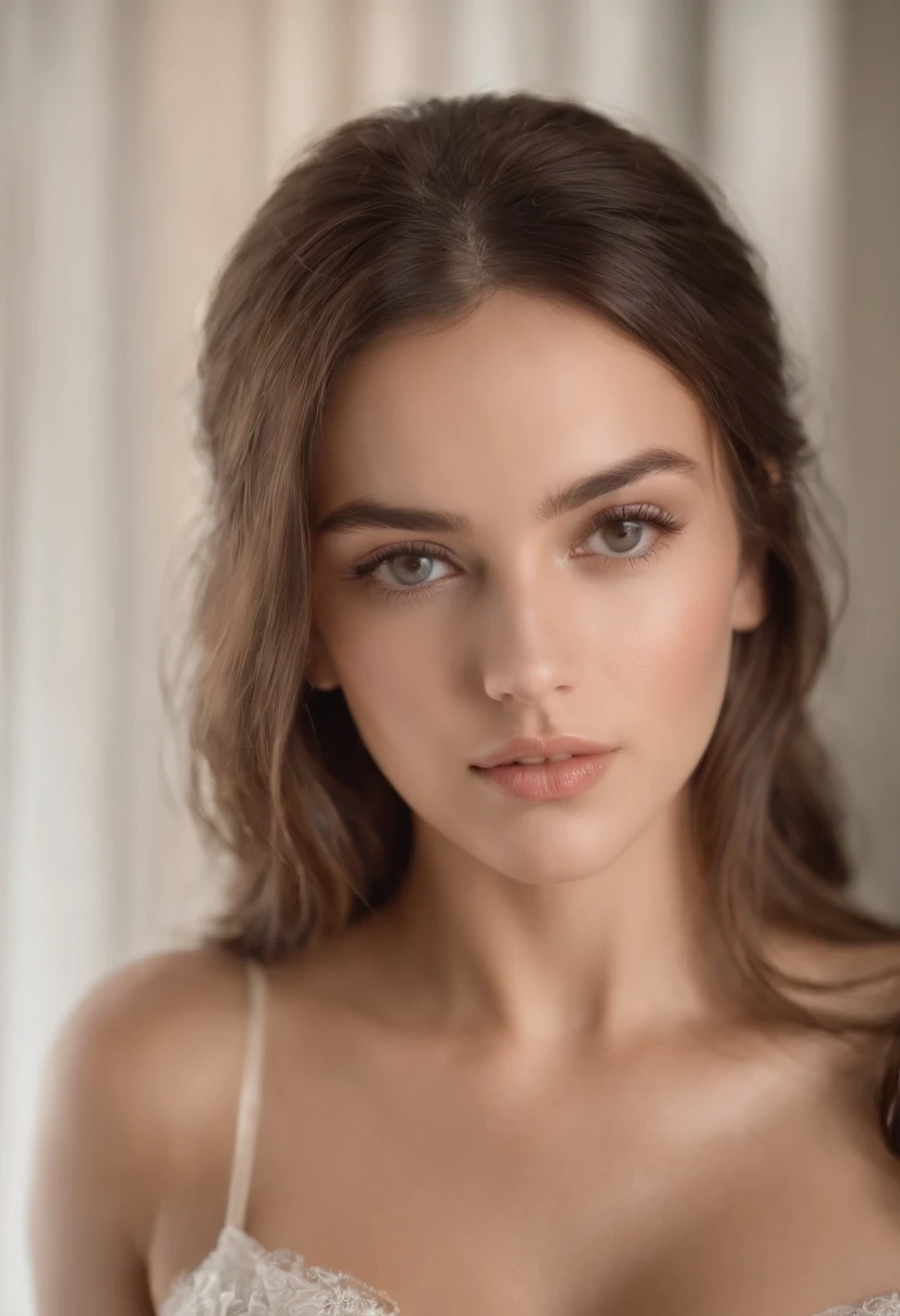 mulher sexy, 20 anos, esguio, atletic, pele bronzeada brilhante, Seios enormes, cintura fina, cabelos loiros cacheados, lingerie branca, Realistic, fotografia, real, natural