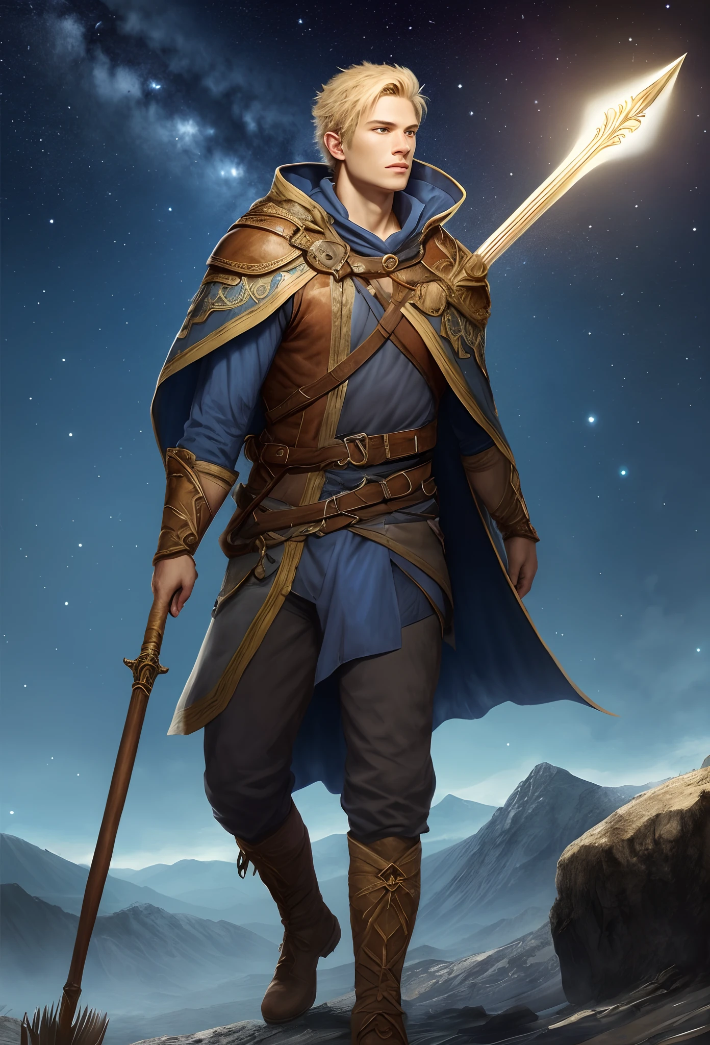 Fantasy, druid, noble, young, male, blonde, adventurer, spelunker, archeologist, astronomer, spear, shovel, stars, blue cloak, human