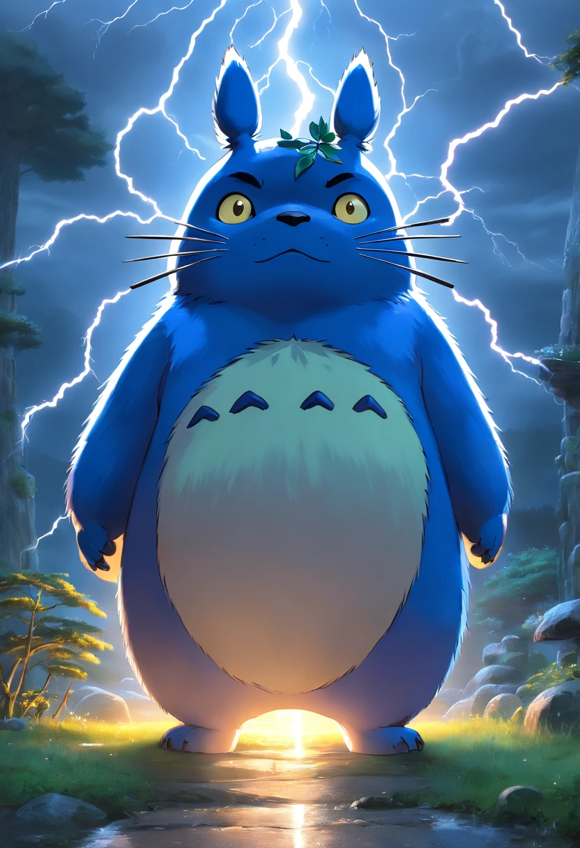 Realistic 3D rendering of Bluey fused totoro , Surrounded by lightning, Fat Muscular, Photographie du corps entier, Hyperrealistic