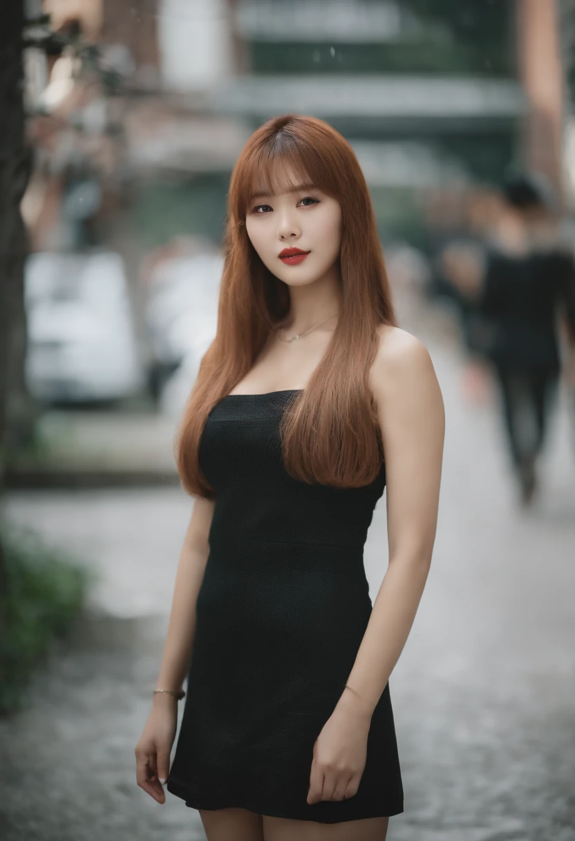 Photo of a Beautiful Korean kpop idol Woman, Summer, lecherous, filmgrain, Ilford HP5, 80mm((best qualtiy, 8K, tmasterpiece:1.3)), Focus:1.2, perfect figure beautiful woman:1.4, Cocked buttocks:1.2, ((Cut hair in layers,)), (Autumn clothes:1.1) , (rain, street:1.3), Highly detailed facial and skin texture, 詳細な目, 二重まぶた,Whiten skin,mid - length hair,facial closeups,Only the upper body can be seen,looking to the camera,loose sweater