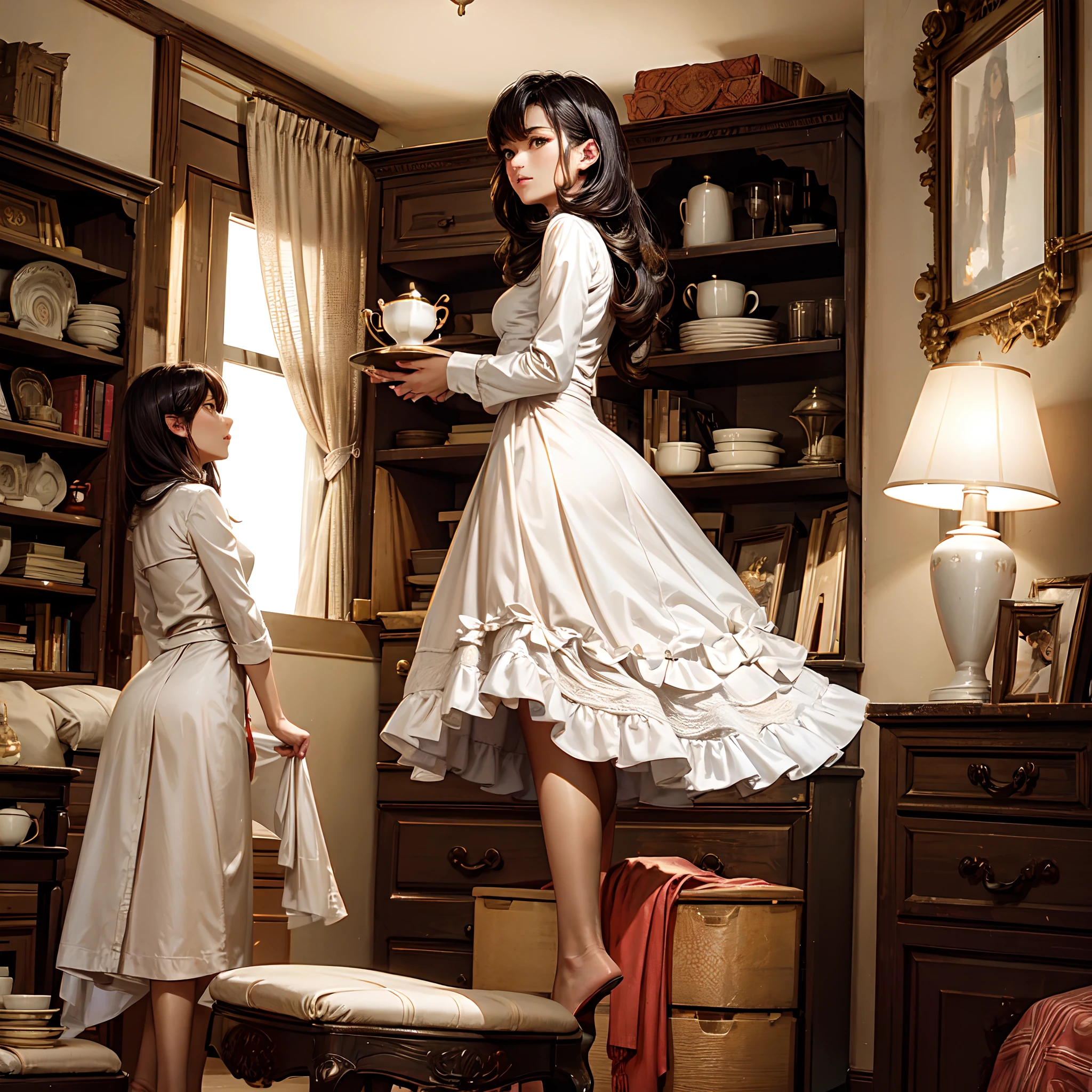 A woman appears from inside a chest of drawers and a woman drops a teacup next to her