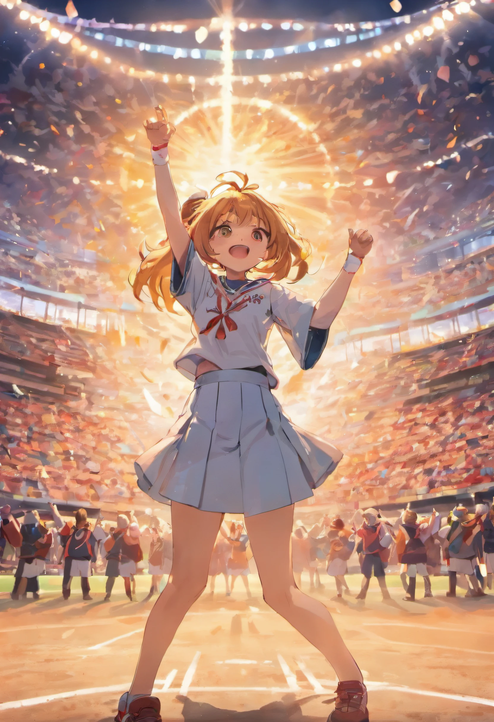 Top image quality, Tigers and girls raise their hands in joy, Loud cheers in the baseball stadium