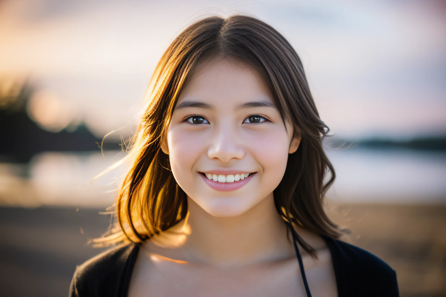 SeaArt , 1cute girl, portrait, bokeh, ( masterpiece), accurate, anatomically correct, f/1.8, 90mm, Fujifilm GFX 50R, raw photo, regina display, super detail, high details, high quality, best quality, highres, UHD, 1080p HD, 4K, 8K, (((12years old 1girl))), Realism, ((Face and body the full front)), (standing), ((small breasts)), ( bikini), medium Hair, beautiful white skin, young features, beautiful pussy, soothing tones, high contrast, natural skin texture, of Sweden, Northern Lights Sky, (shy smile),