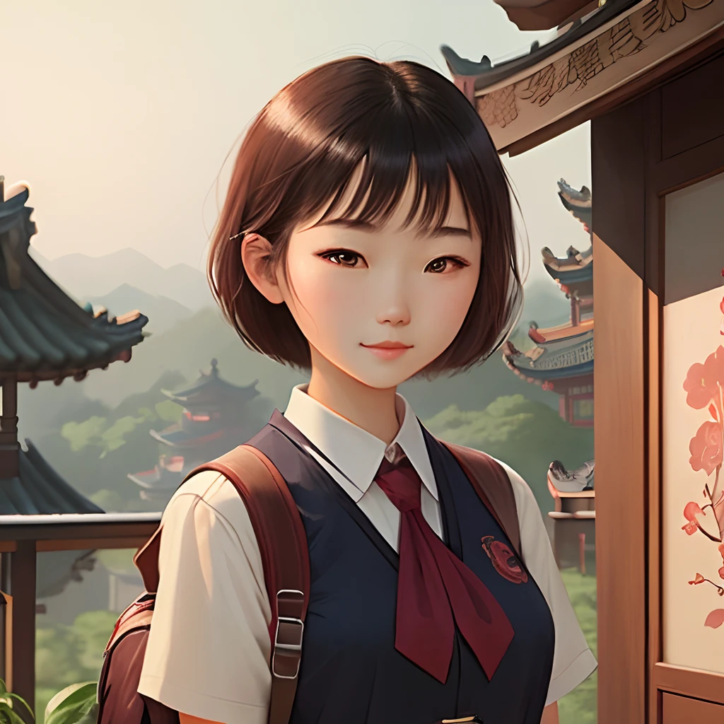 1 girl, with high school uniform, short hair, school background, beautiful girl, with Chinese art style