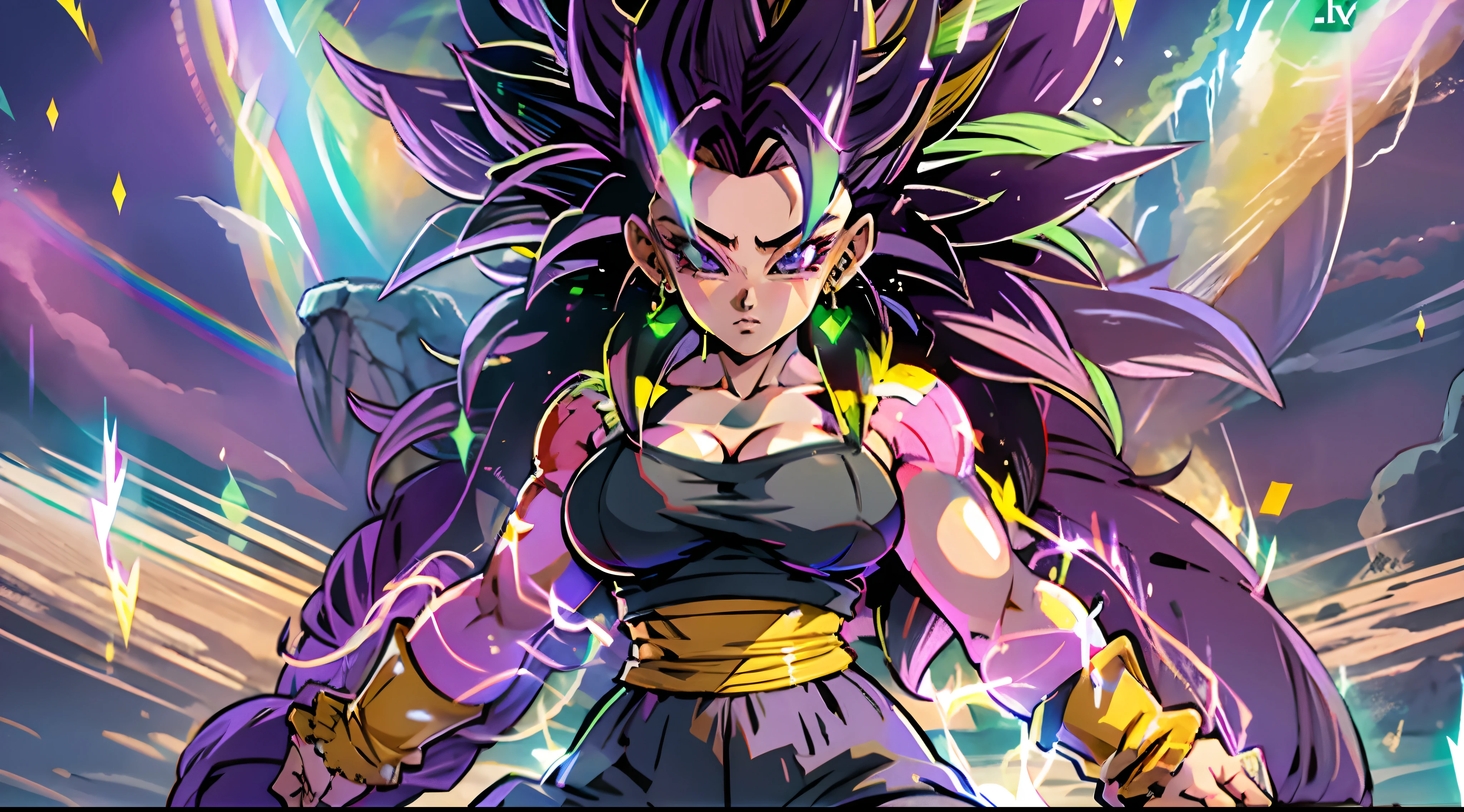 Super Saiyan 4 Female, Purple Fur, Surrounded By Rainbow Aura, Busty