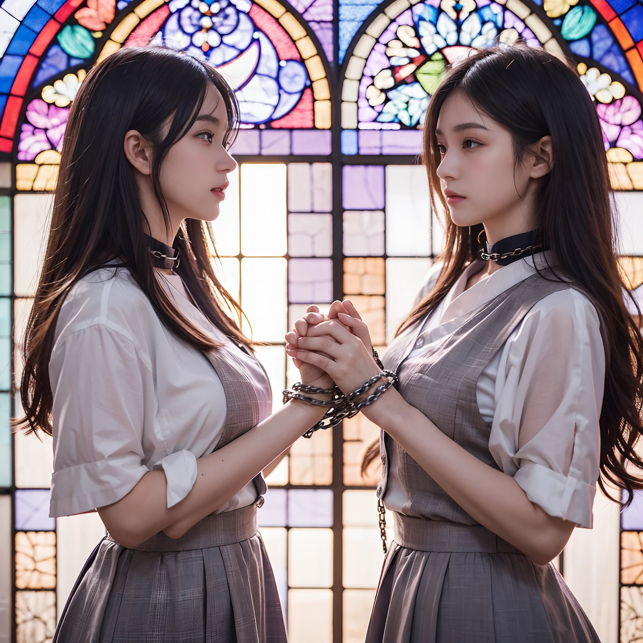 two womens,Hold hands,Touching hands,8 Head Body,japanes,Different uniforms,Pupils,17 age,18year old,gargantilha,Chain to the collar,Chains wrapped around the hand,The two of them have chains,A dark-haired,Semi-long,Longhaire,deadpan,Nogizaka46,Keyakizaka46,Contre-Jour,Stained glass with purple gradient,Beautiful church,8K,top-quality,highest details