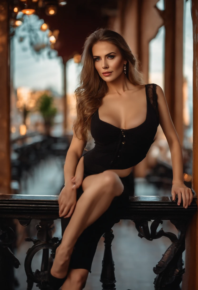 Russian woman, gorgeous fantastic sexy woman posing like a model for the camera. She is dressed with a black top with cleavage and jeans, she is fantastic, penetrating eyes sexy  looks model posing. She is in a bar balcony, well lit, cinematic lights, great window lighting.