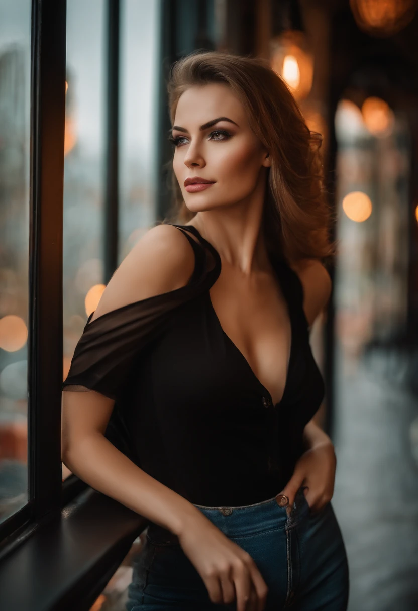 Russian woman, gorgeous fantastic sexy woman posing like a model for the camera. She is dressed with a black top with cleavage and jeans, she is fantastic, penetrating eyes sexy  looks model posing. She is in a bar balcony, well lit, cinematic lights, great window lighting.