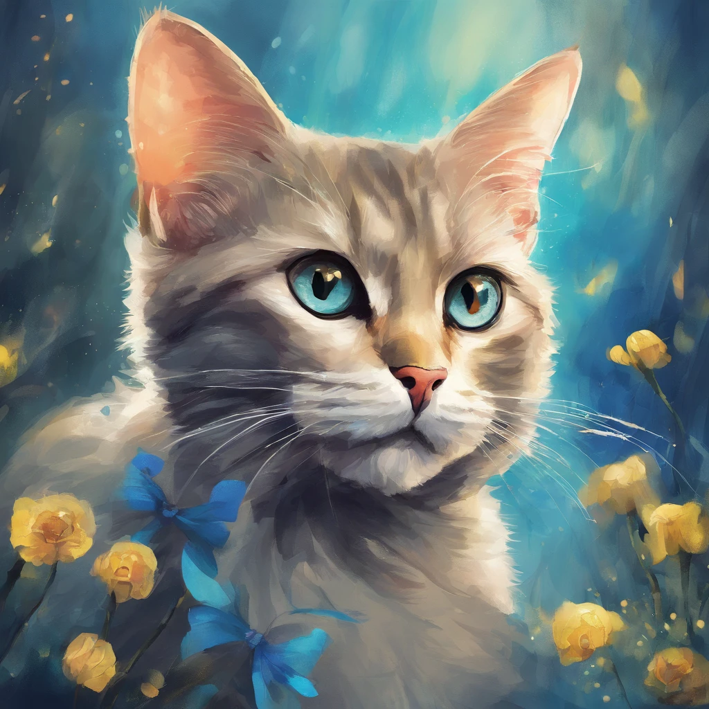 Cat with grey coat and blue-grey eyes Expressively, crying with wide open eyes The color of the whole picture is strong yellow, and the depiction is in the cartoon style of watercolor painting.