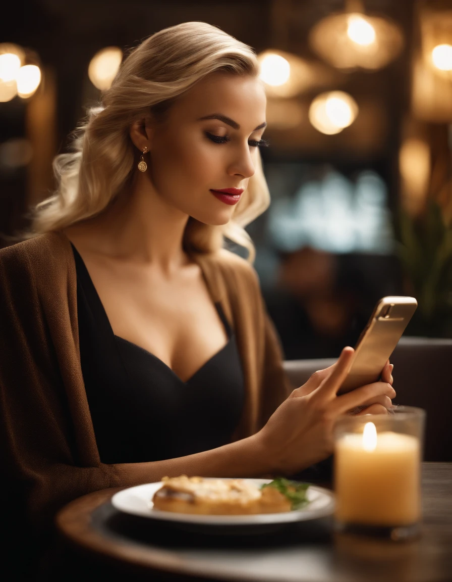 film representation, upper body, face, facing the viewer, (reality :1.3), one of the most beautiful creations in the world, blonde woman looking at a mobile phone, today's trendy clothes, beautiful face detailed, menu board and QR code on the table, restaurant background, realistic photos , CG, wide angle,
