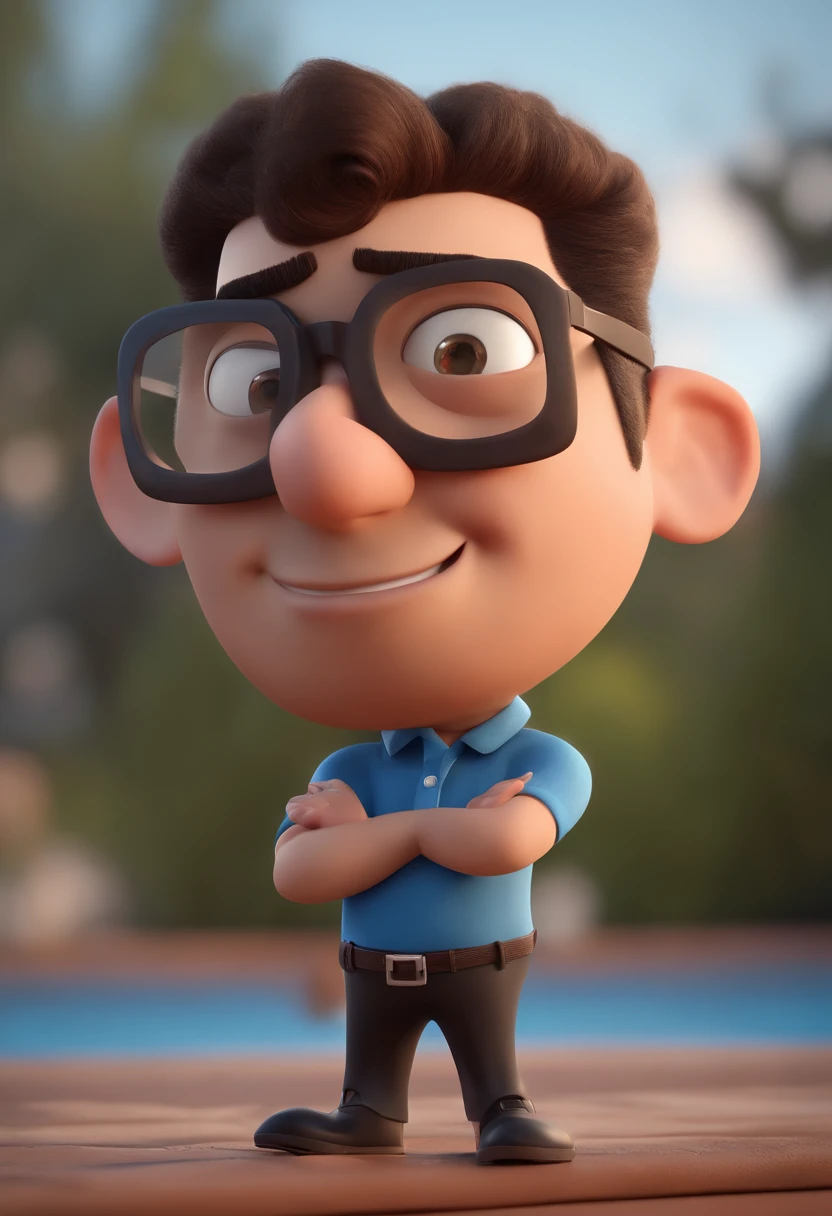 Cartoon character of a man with black glasses and a blue shirt, animation character, Caractere estilizado, animation style rendering, 3D estilizado, Arnold Maya render, 3 d render stylized, toon render keyshot, Personagem 3D, Personagem 3D, 3d rendering stylized, 3 d character render, personagem de desenho animado, Personagem de close up, Pose de personagem, (Estilo Pixar) (master part:1.2) (Bokeh) (best quality) (pele detalhada) (textura detalhada) (8k) (argila) (Cinematic lighting) (foco nítido