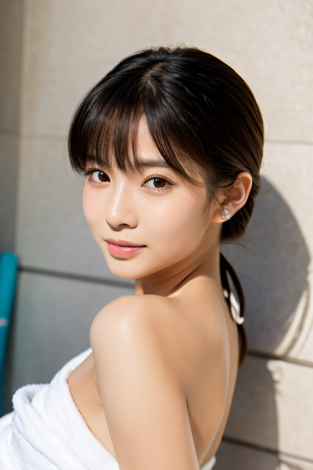 (top-quality,8k,masterpiece,Cinematic Photo),Close-up portrait of a woman posing for a photo wearing a white towel, wearing translucent sheet, wearing white camisole, a young asian woman, Young Asian Woman, White background : 3, wearing white outfit, Wearing a towel, wearing white cloths, cute young woman, elegant japanese woman, 奈良美智, Young Asian Girl